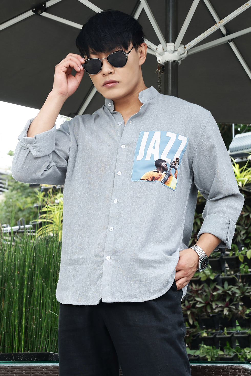 Khadi Blend Blue Mandarin Collar Relaxed Fit Shirt