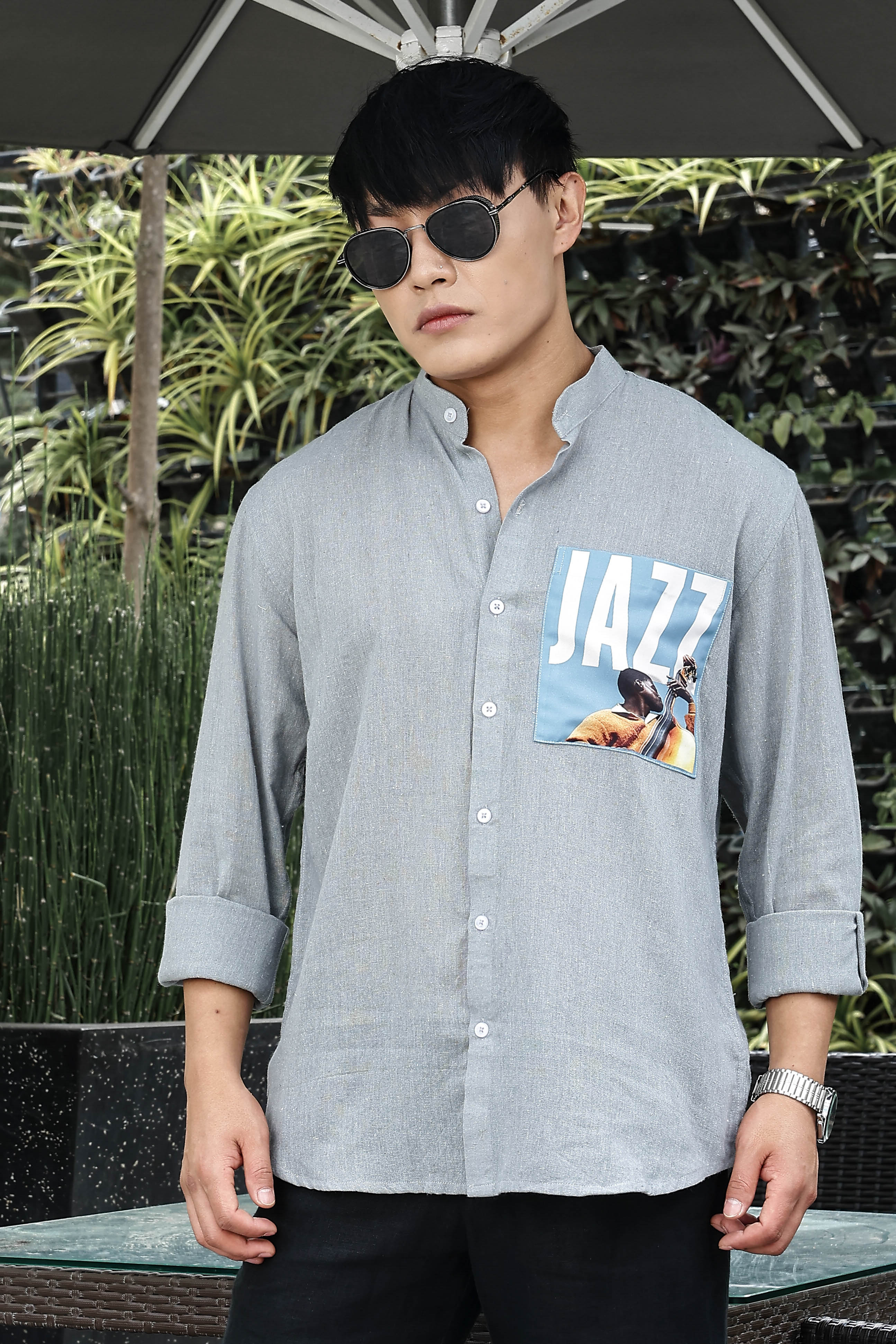 Khadi Blend Blue Mandarin Collar Relaxed Fit Shirt