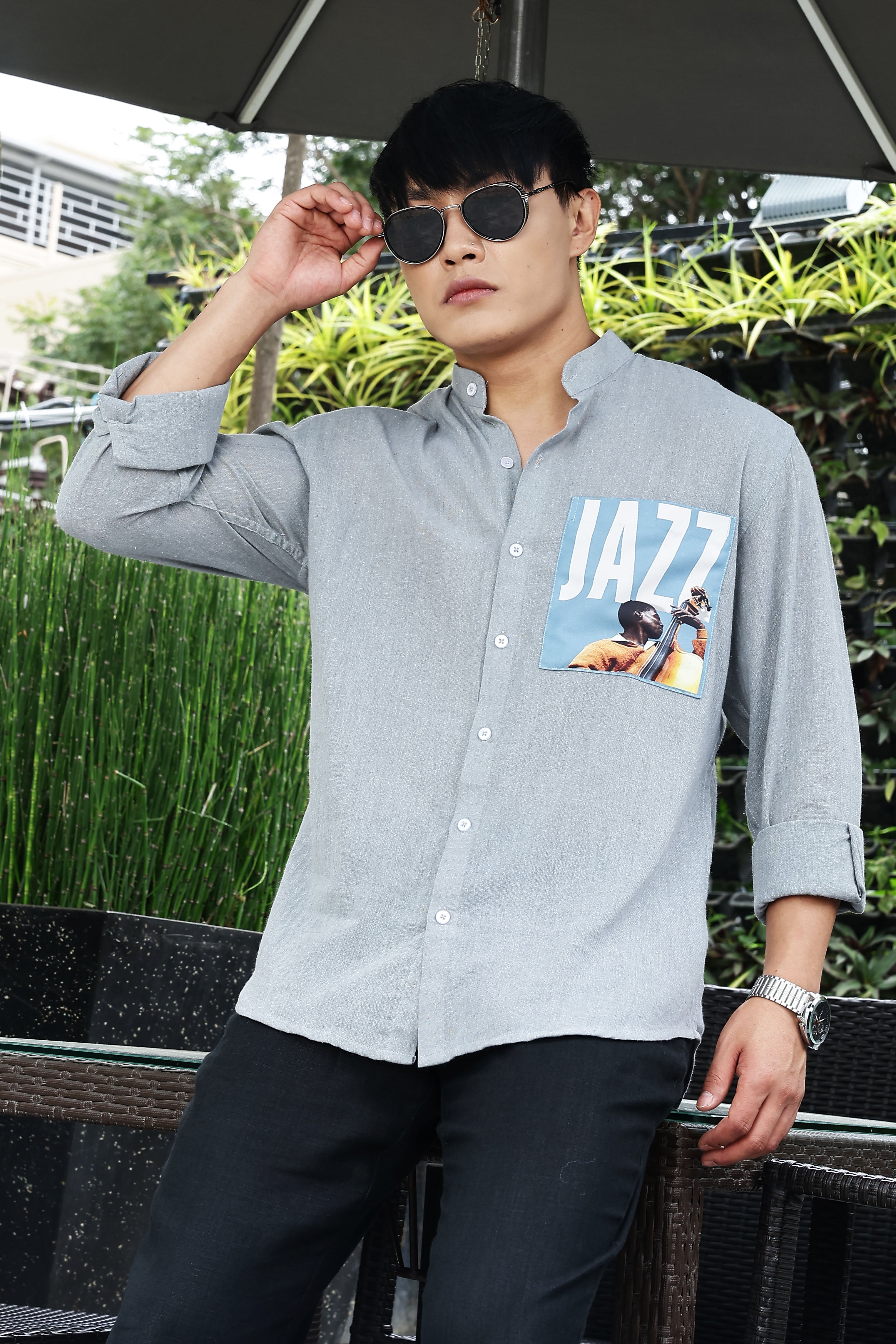 Khadi Blend Blue Mandarin Collar Relaxed Fit Shirt