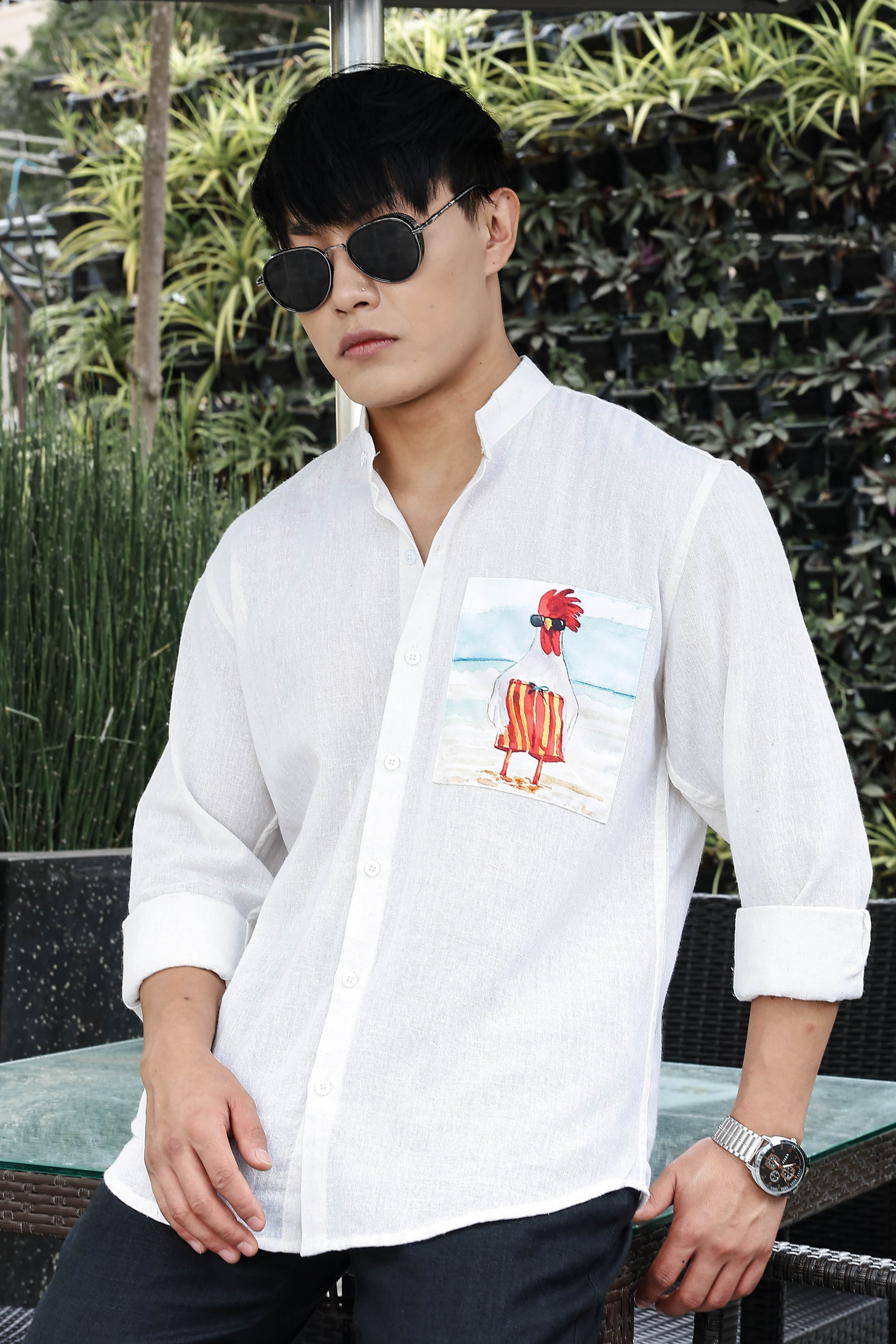 Khadi Blend White Mandarin Collar Relaxed Fit Shirt