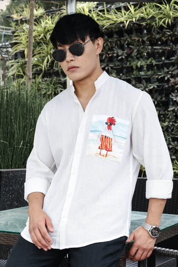 Khadi Blend White Mandarin Collar Relaxed Fit Shirt