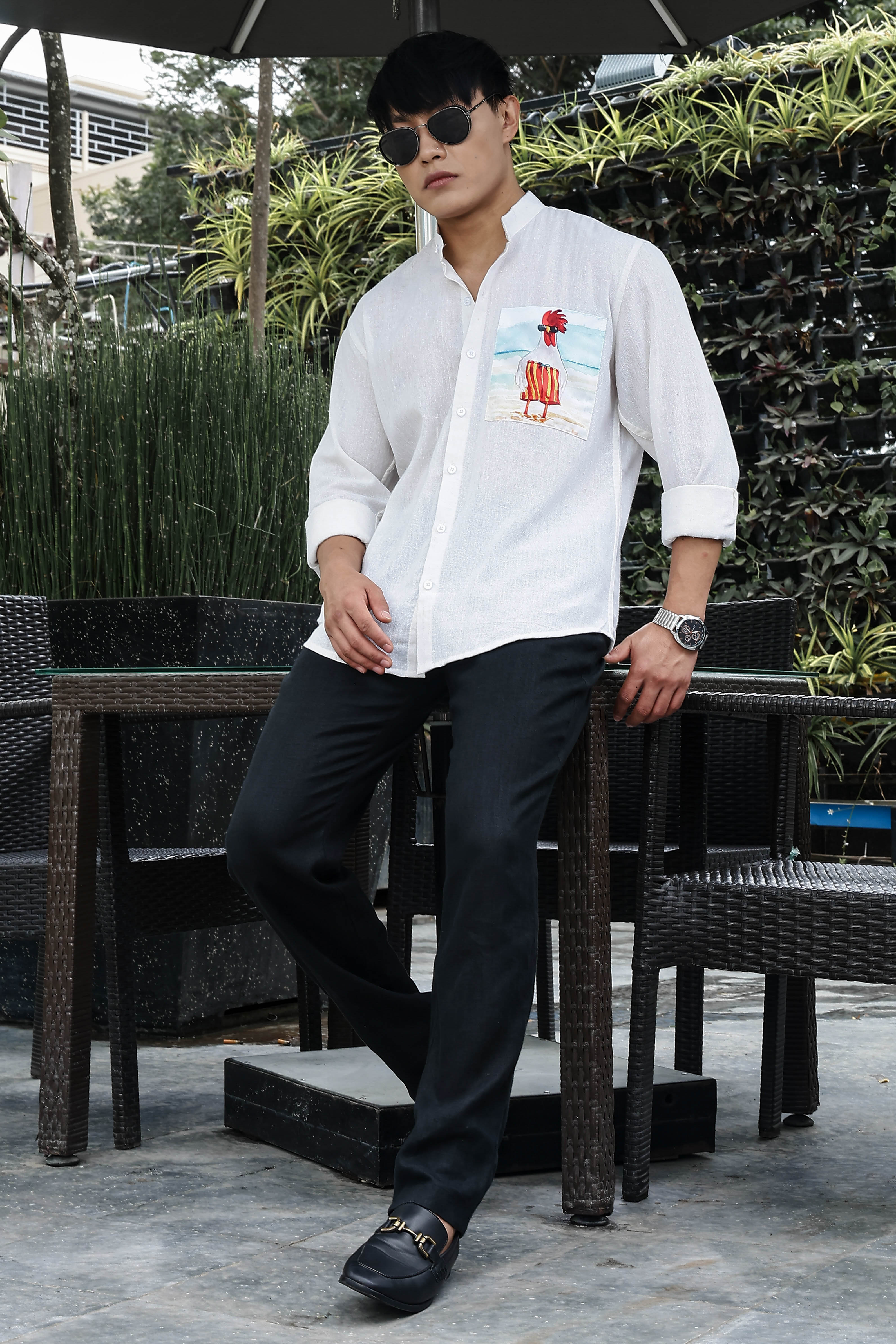 Khadi Blend White Mandarin Collar Relaxed Fit Shirt