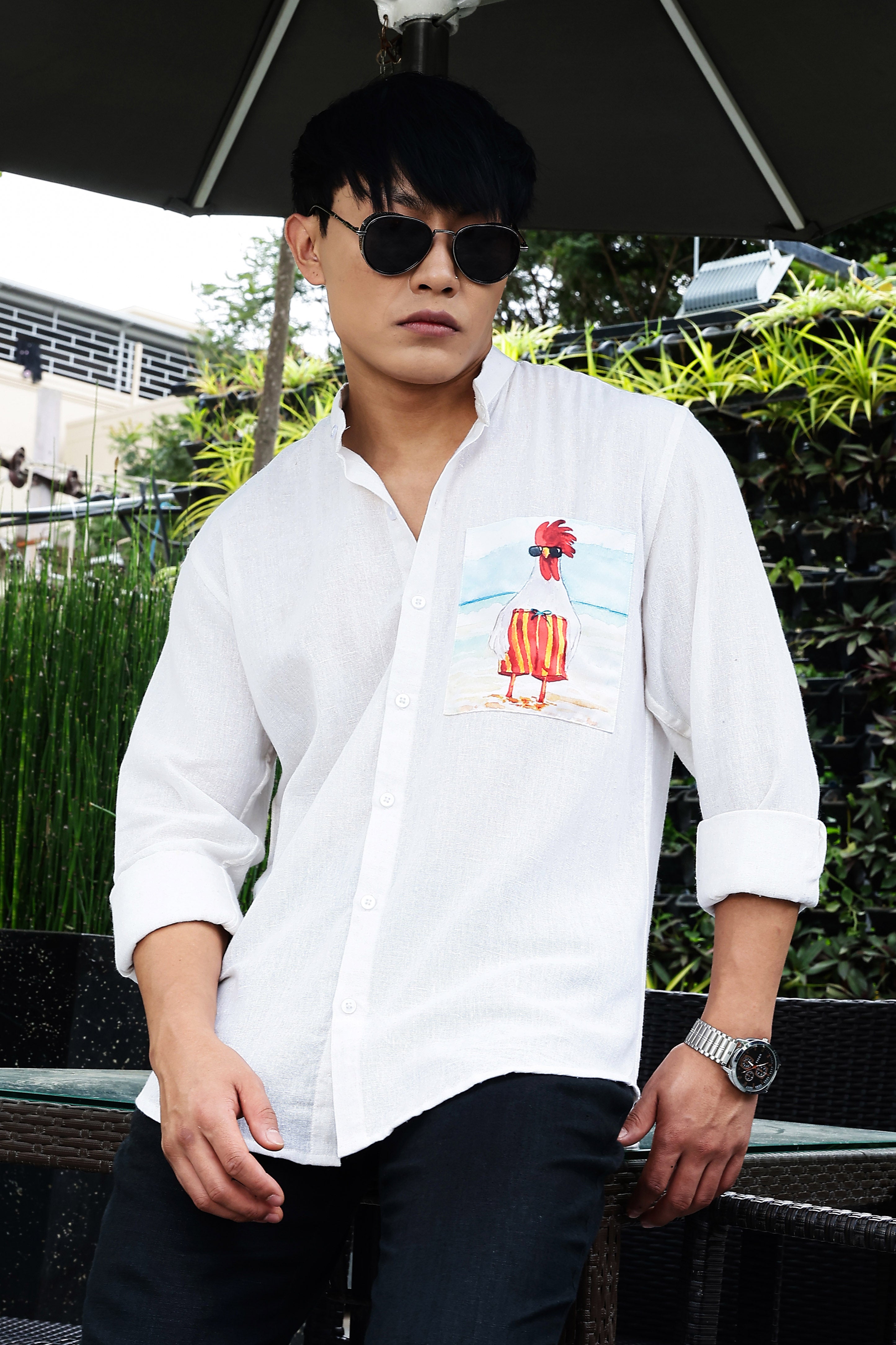 Khadi Blend White Mandarin Collar Relaxed Fit Shirt