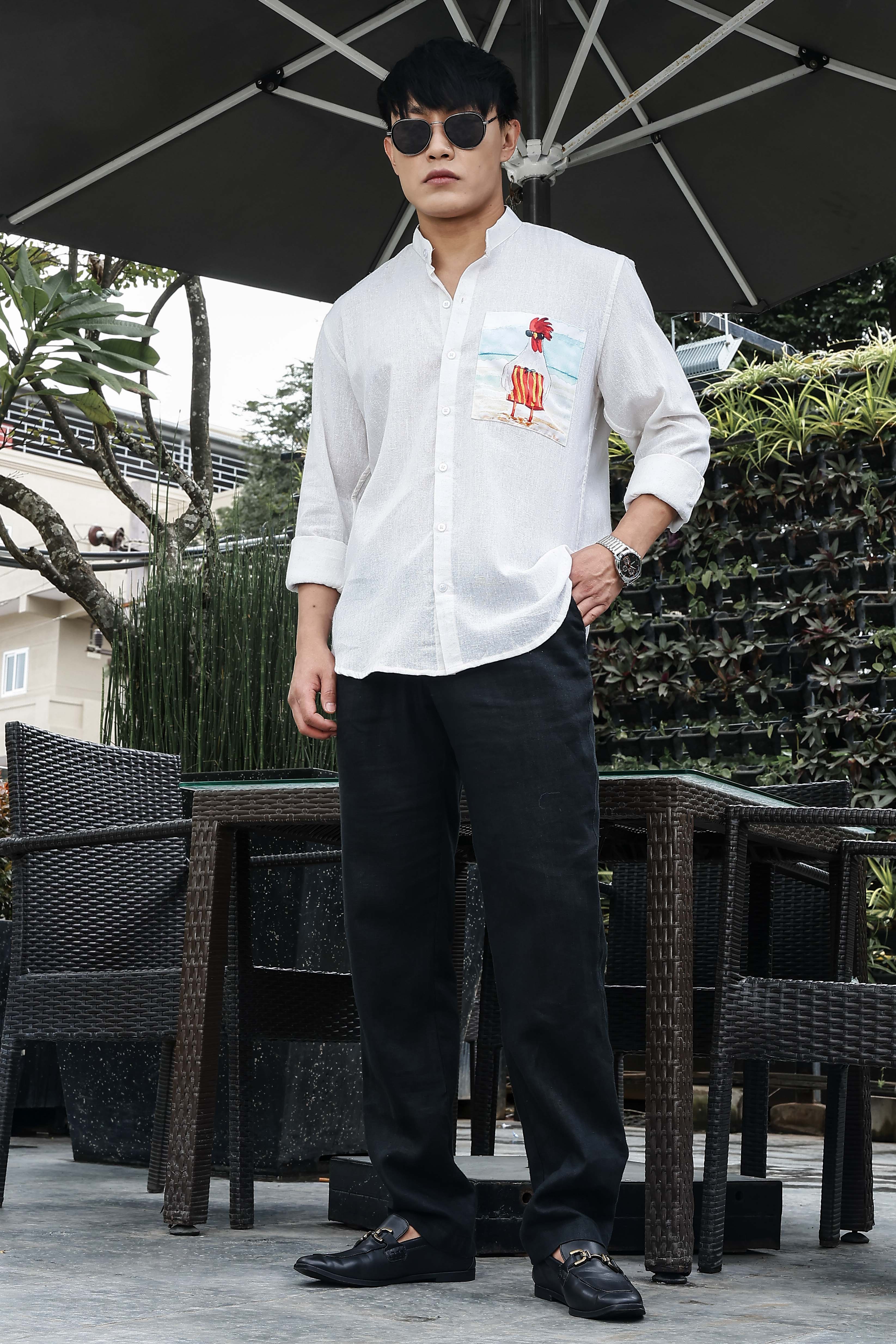 Khadi Blend White Mandarin Collar Relaxed Fit Shirt