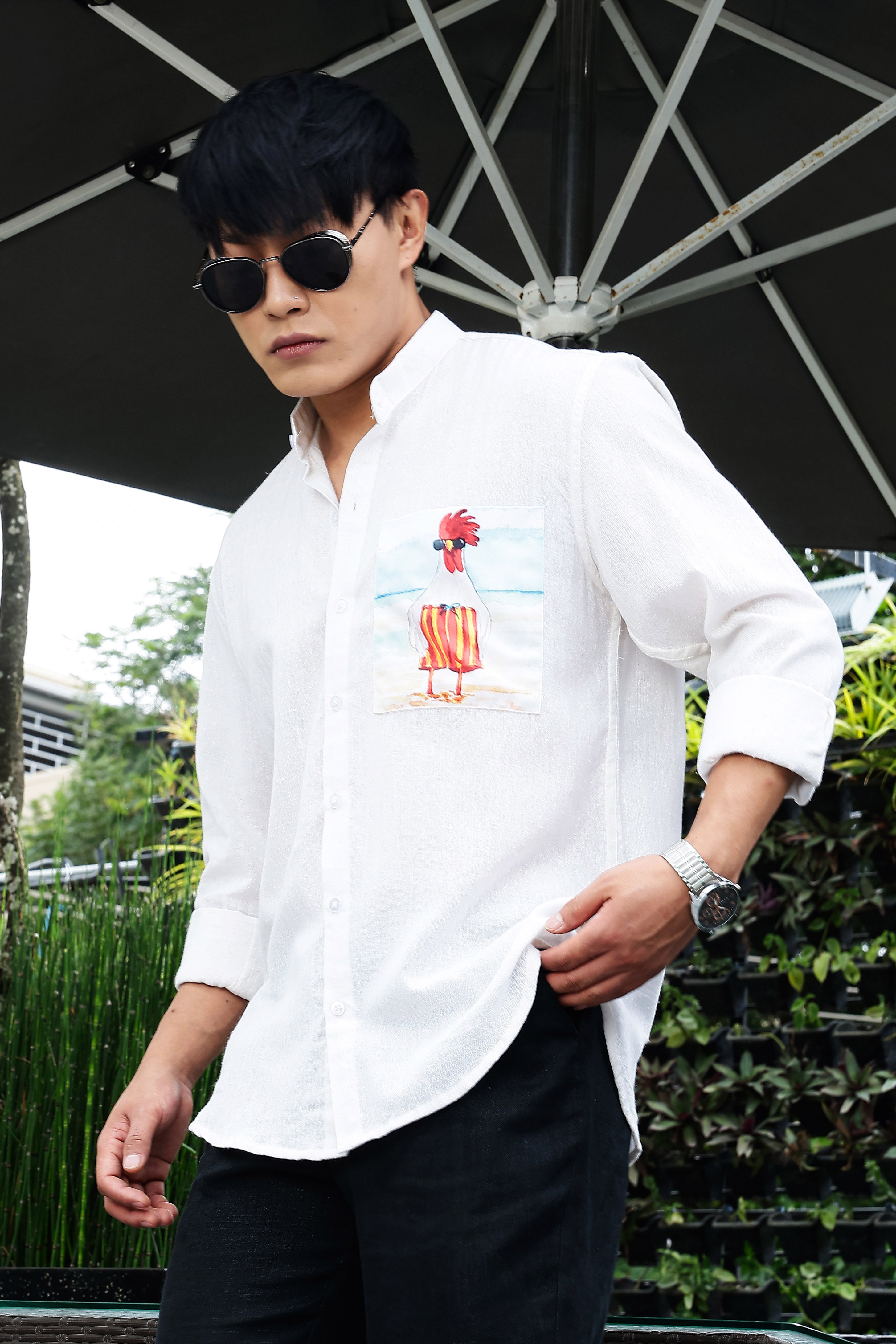 Khadi Blend White Mandarin Collar Relaxed Fit Shirt