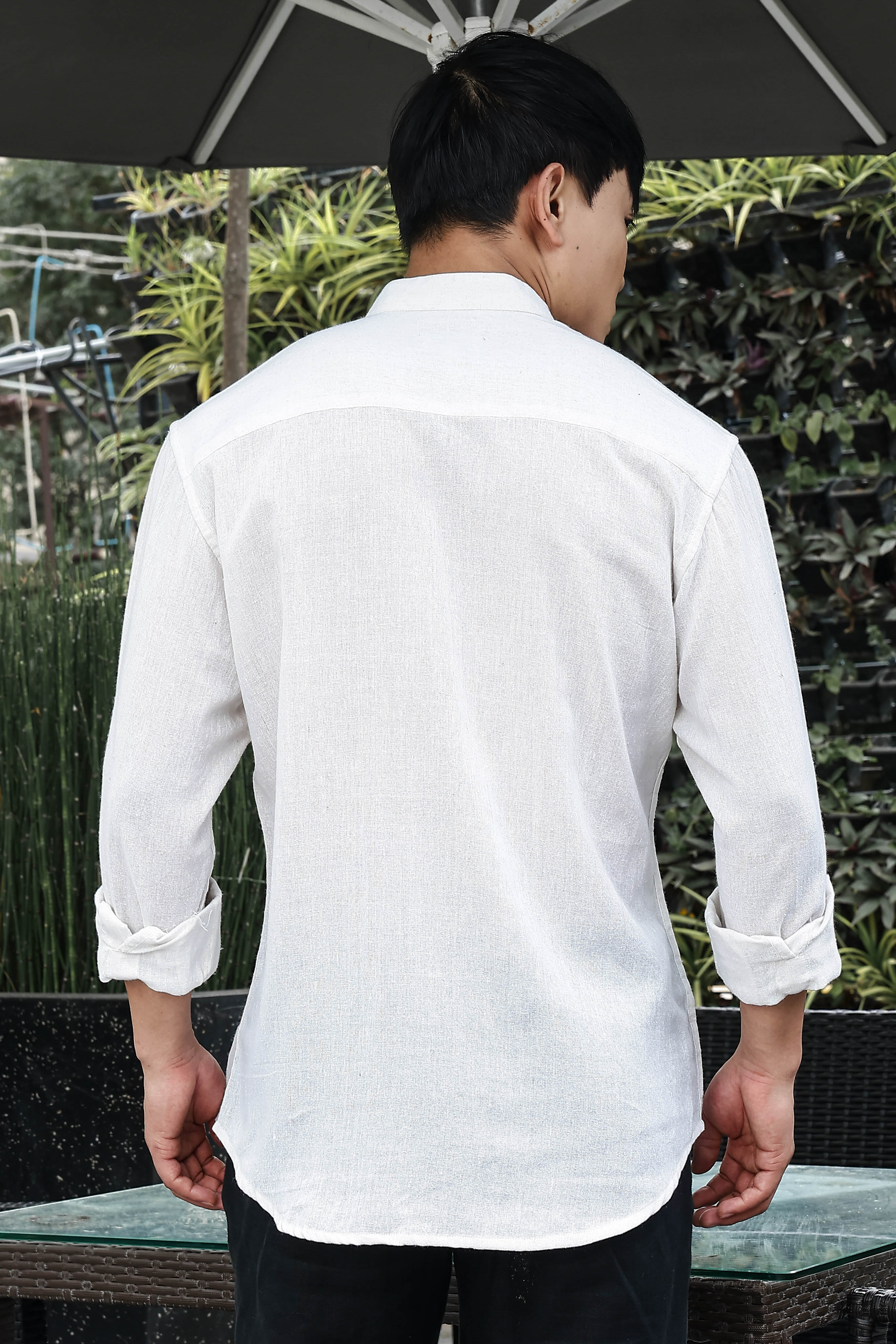 Khadi Blend White Mandarin Collar Relaxed Fit Shirt