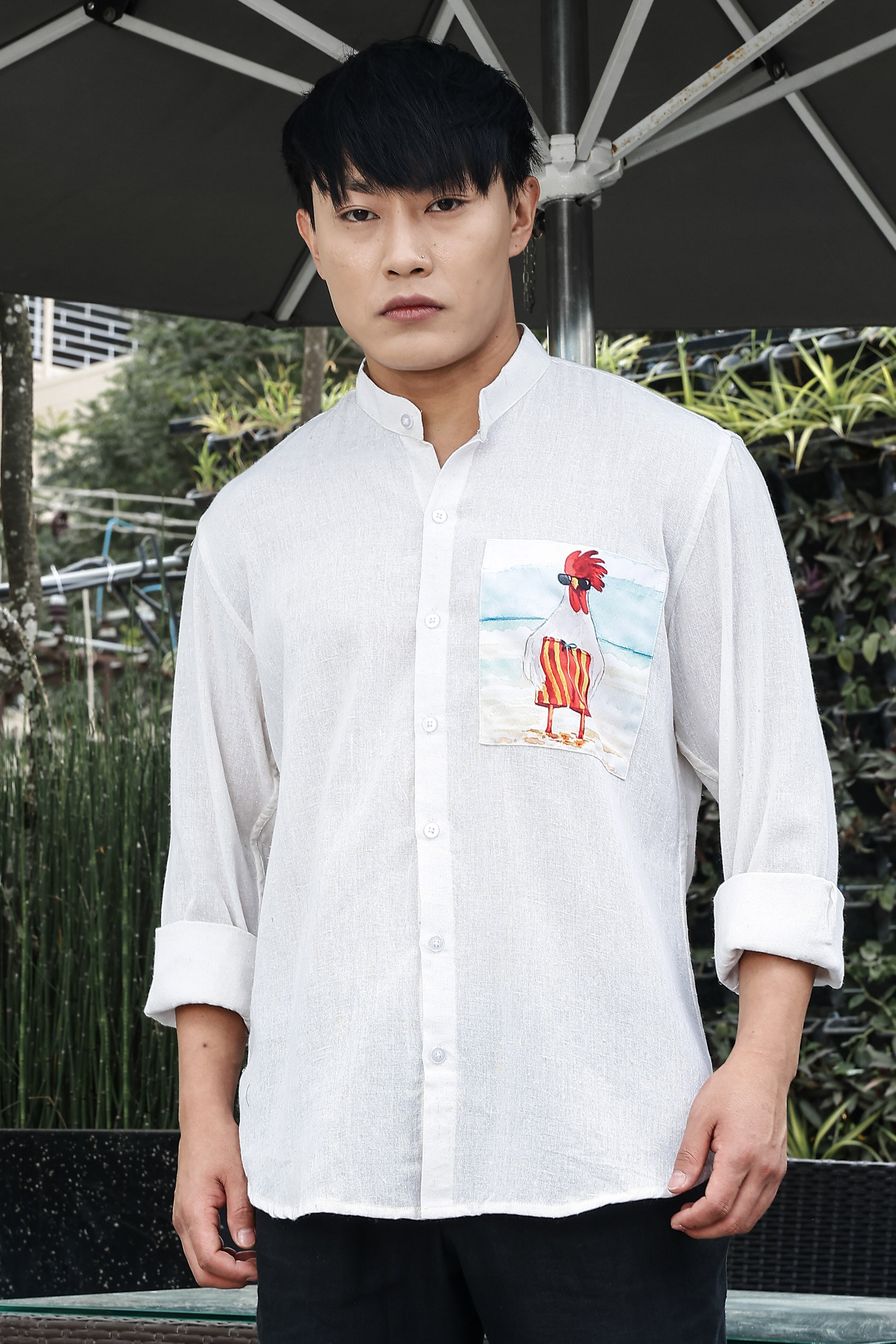 Khadi Blend White Mandarin Collar Relaxed Fit Shirt