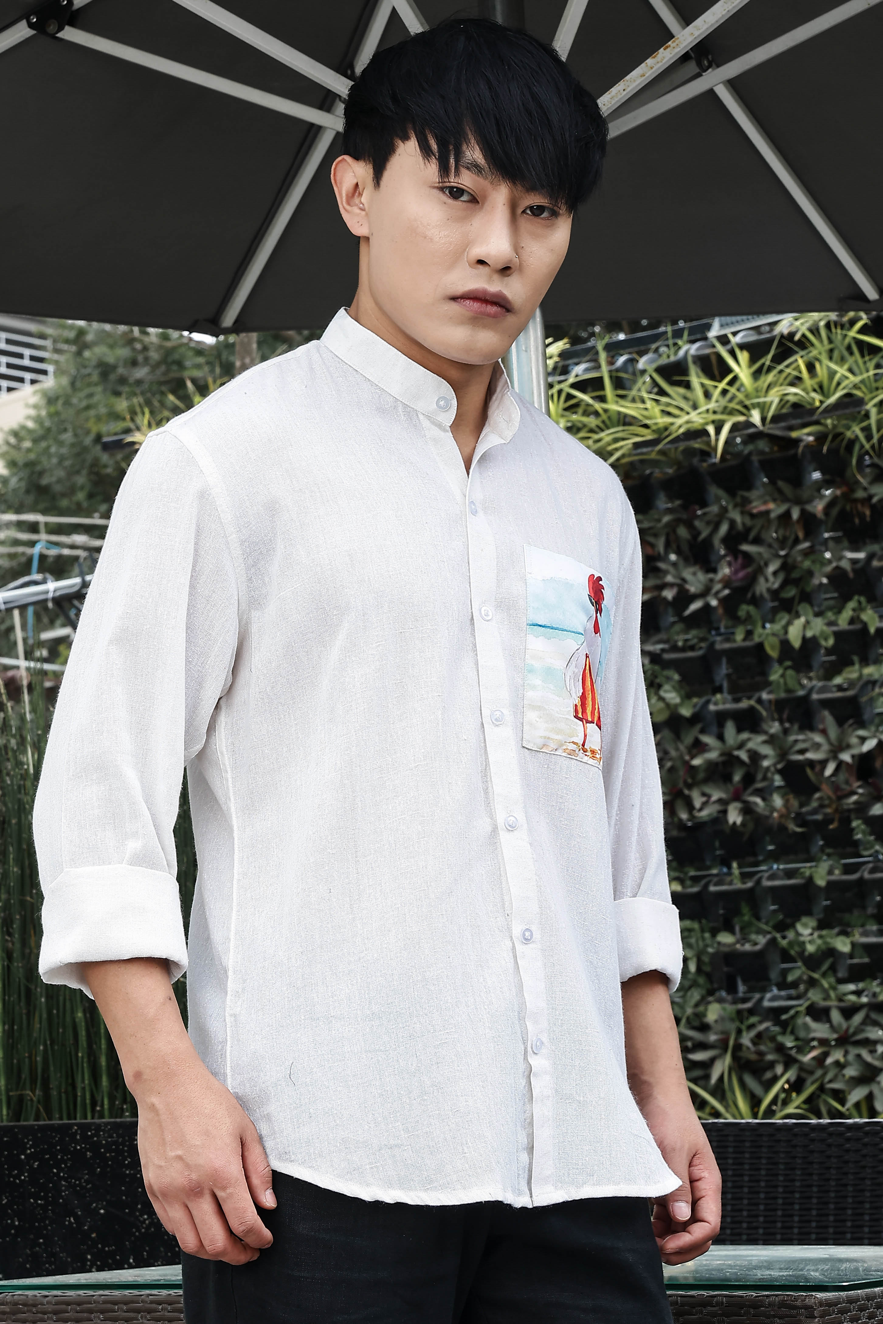 Khadi Blend White Mandarin Collar Relaxed Fit Shirt