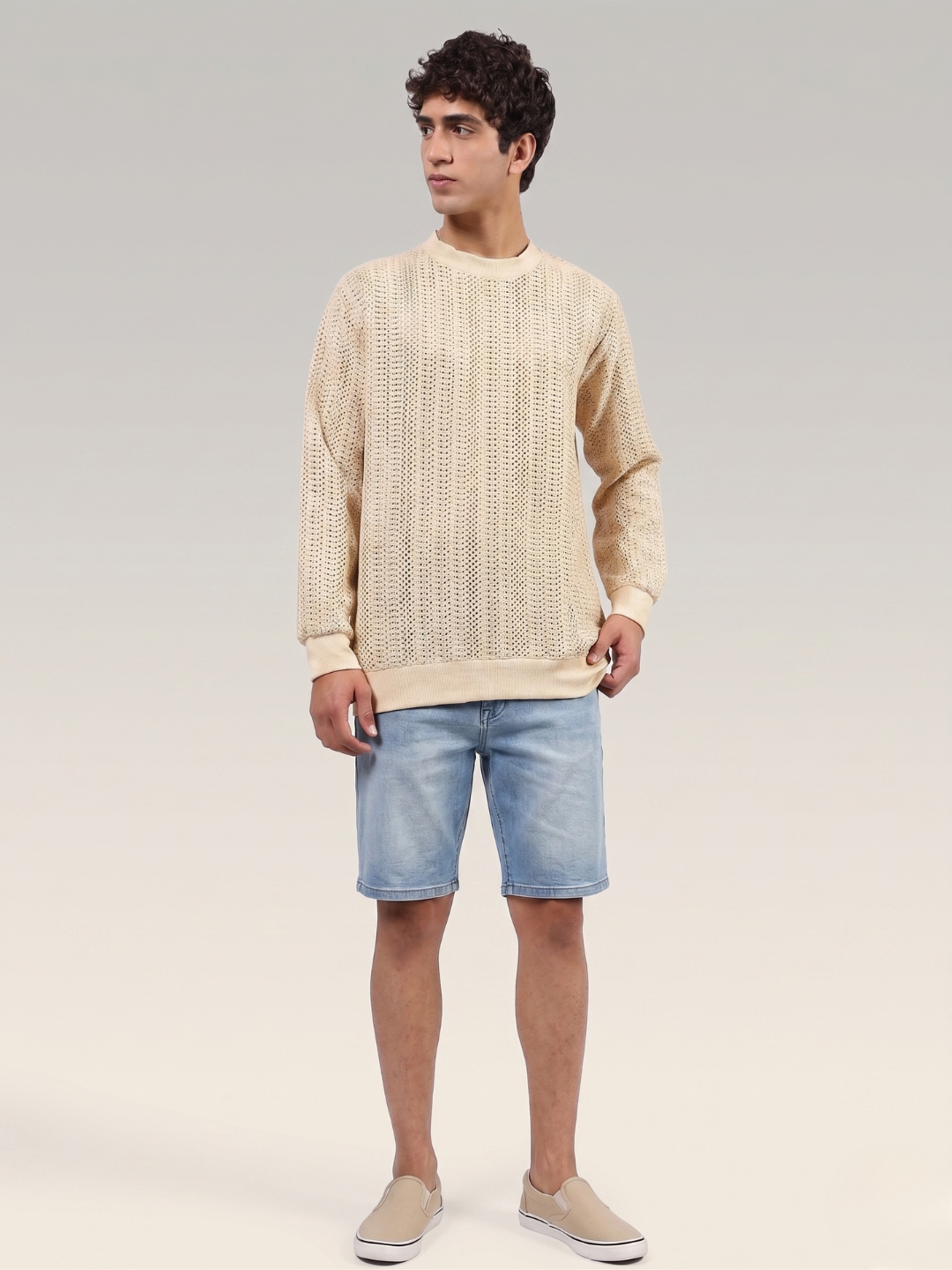 Beige Oversized Fit Premium Pure Cotton Crochet T-Shirt