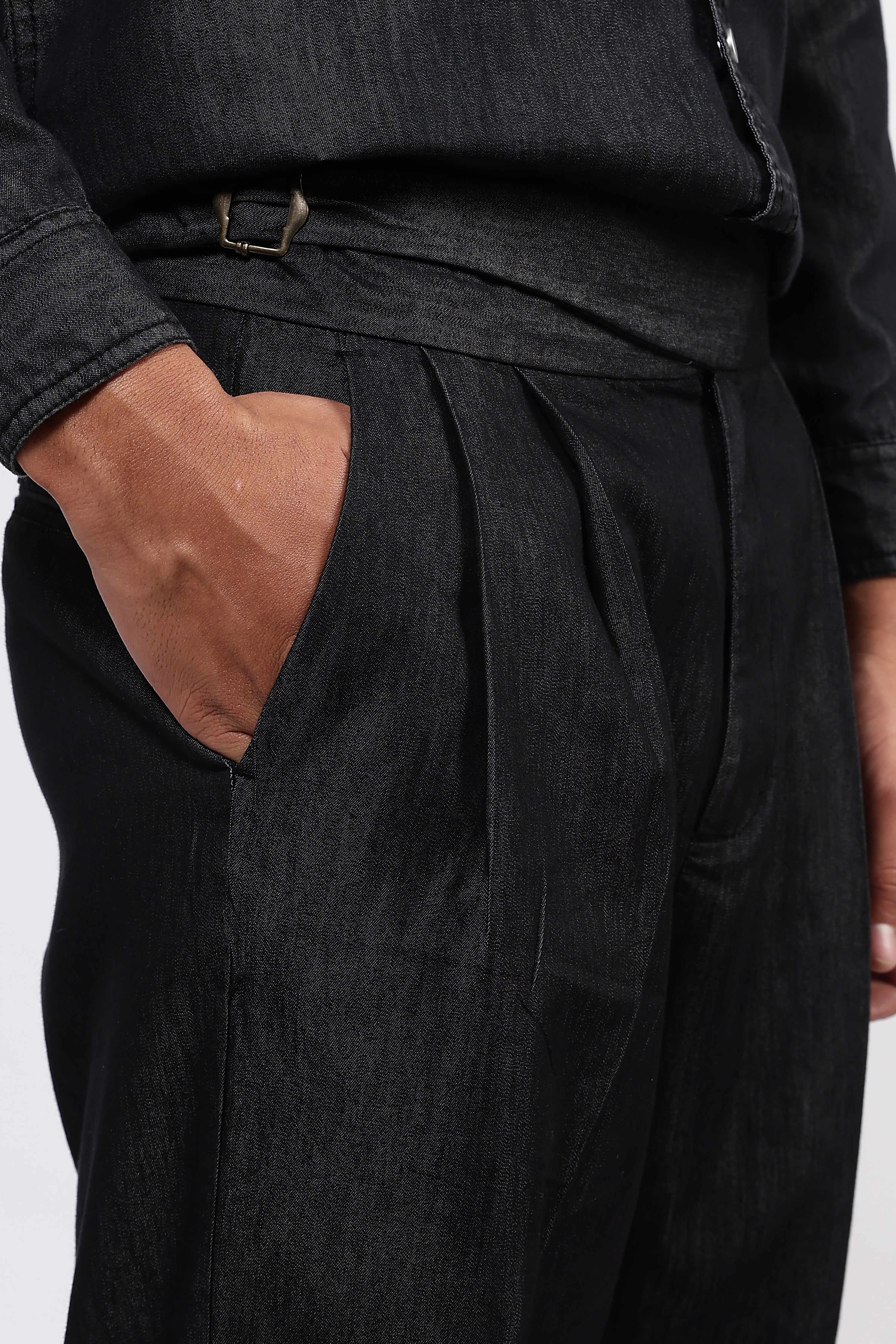 Co-ord Set Black Premium Denim Gurkha Pant & Full Shirt Relaxed Fit