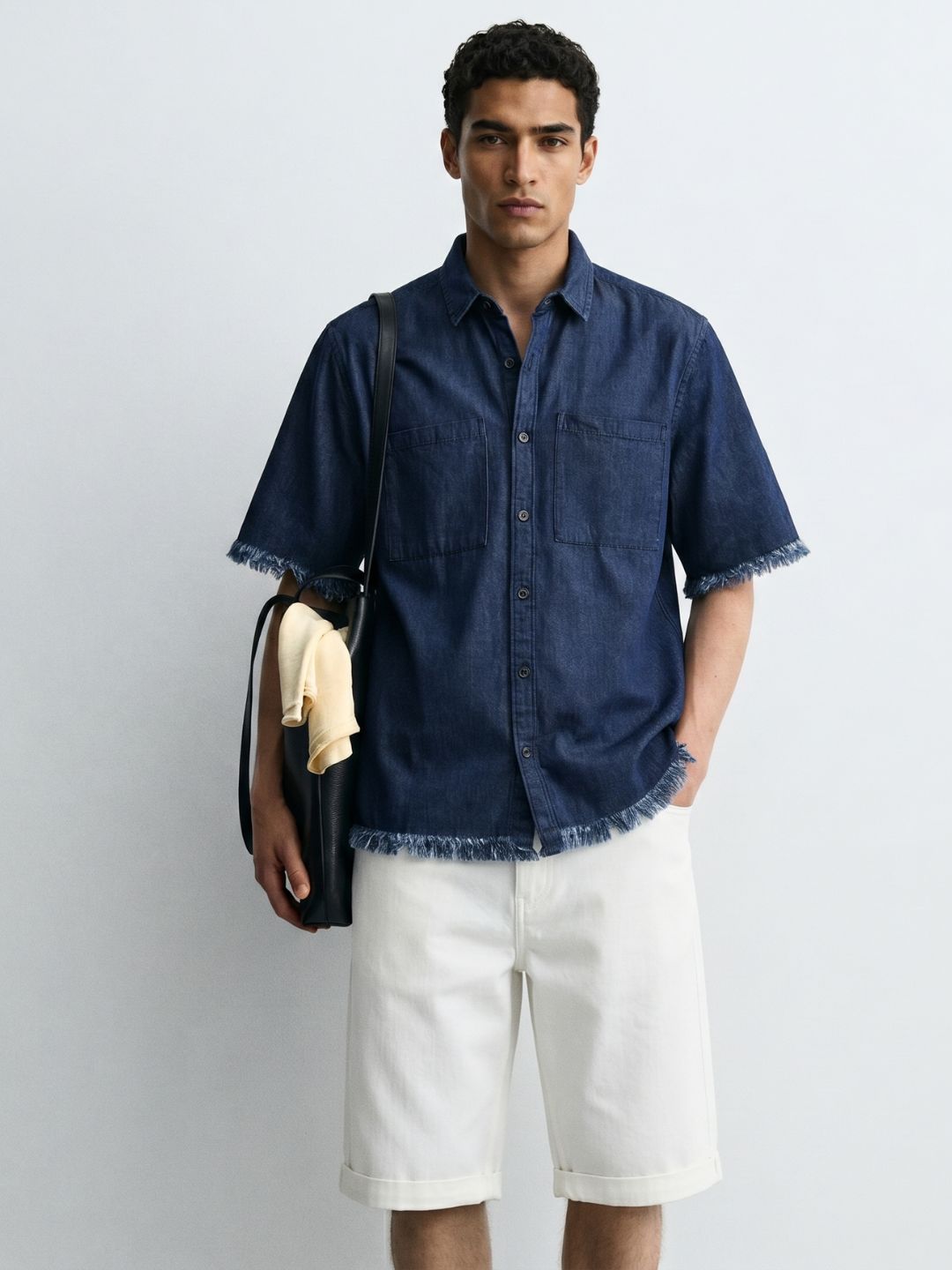 Navy Denim Raw Edge Oversized Box-Fit Spread Collar Half Sleeve Shirt