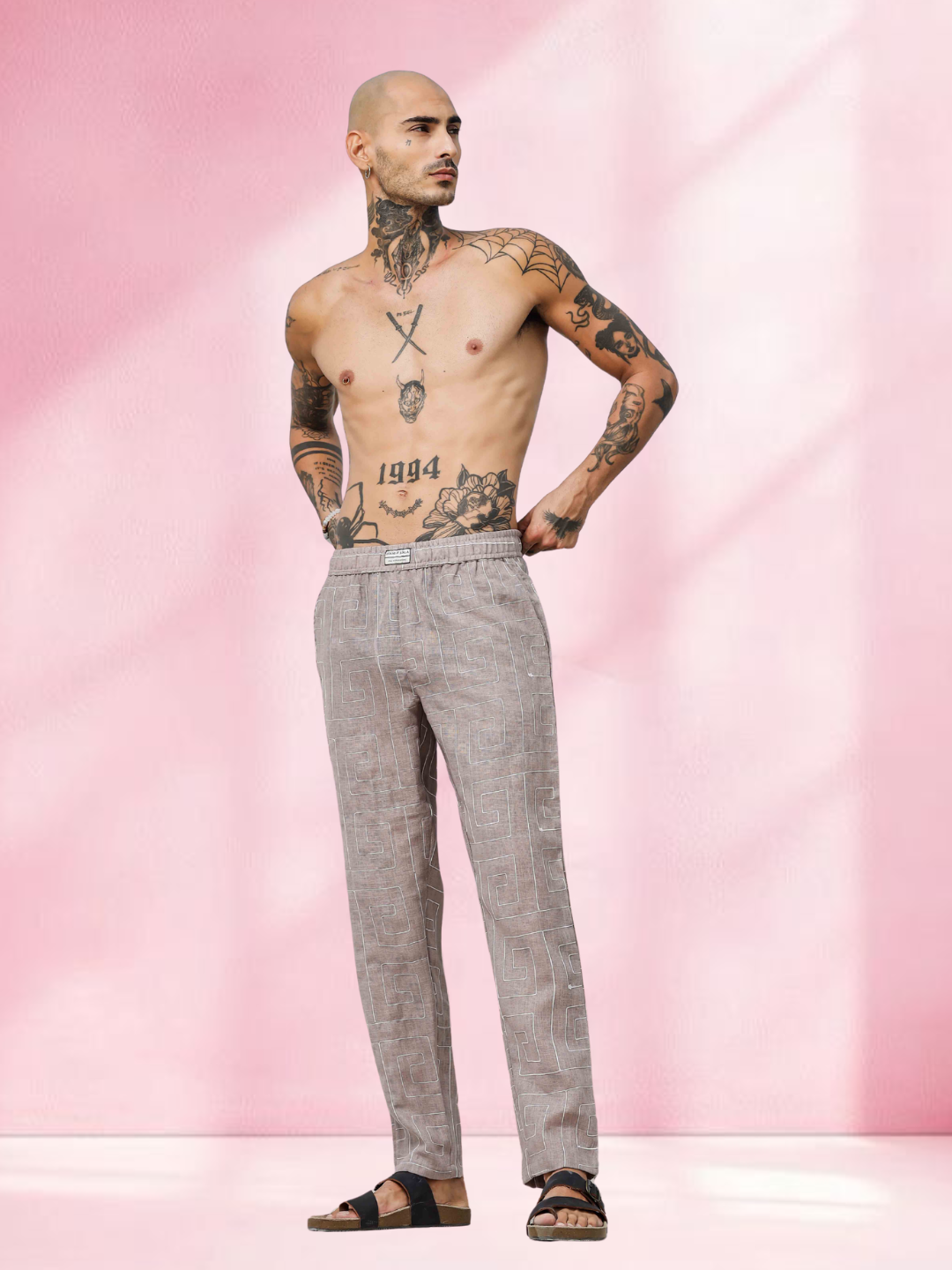 Beige Linen Notched Lapel Shirt & All Day Lounge Pants Embroidered Co-ord Set