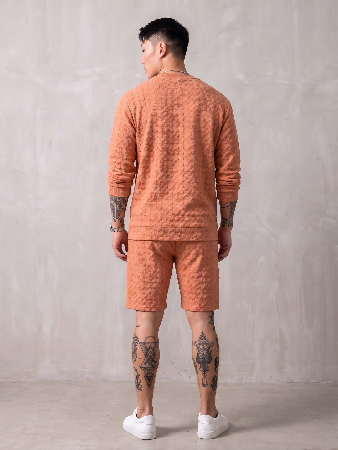 Unisex Brown Textured Relaxed Fit Full Sleeve T-Shirt & Shorts Co-ord Set