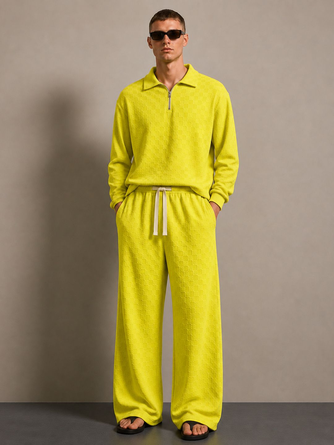 Lime Green Textured Oversized Full Sleeve Polo Neck Tee & Trackpant Co-ord Set