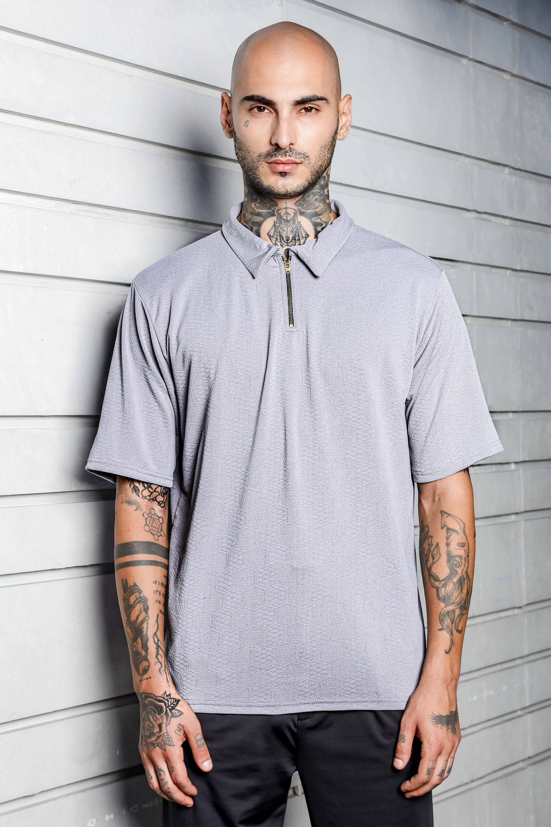 Unisex Grey Textured Polo Neck Oversized T-shirt
