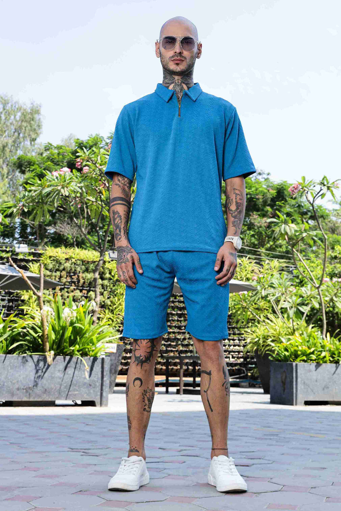 Unisex Blue Textured Oversized Polo Neck Tee & Shorts Co-ord Set