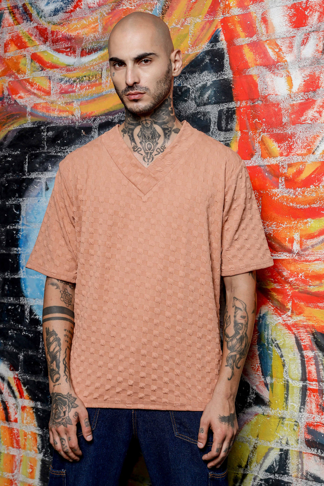 Unisex Brown Textured V-Neck Oversized T-shirt