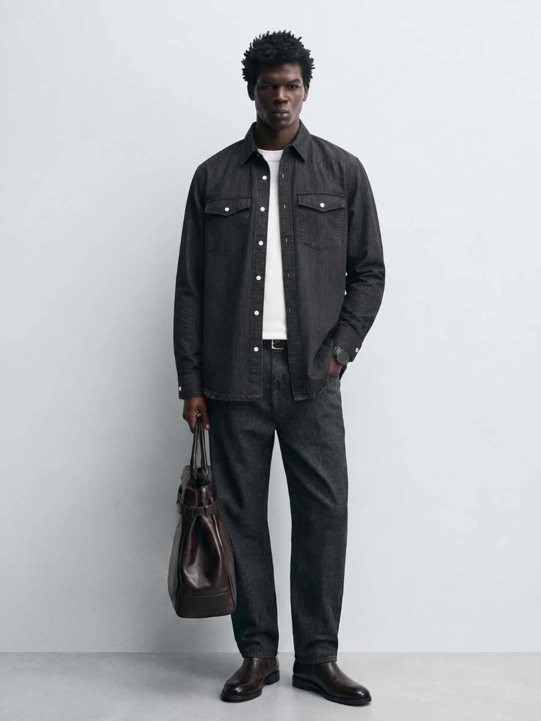 Black Raw Edge Oversized Relaxed Fit Full Sleeve Spread Collar Premium Denim Shirt