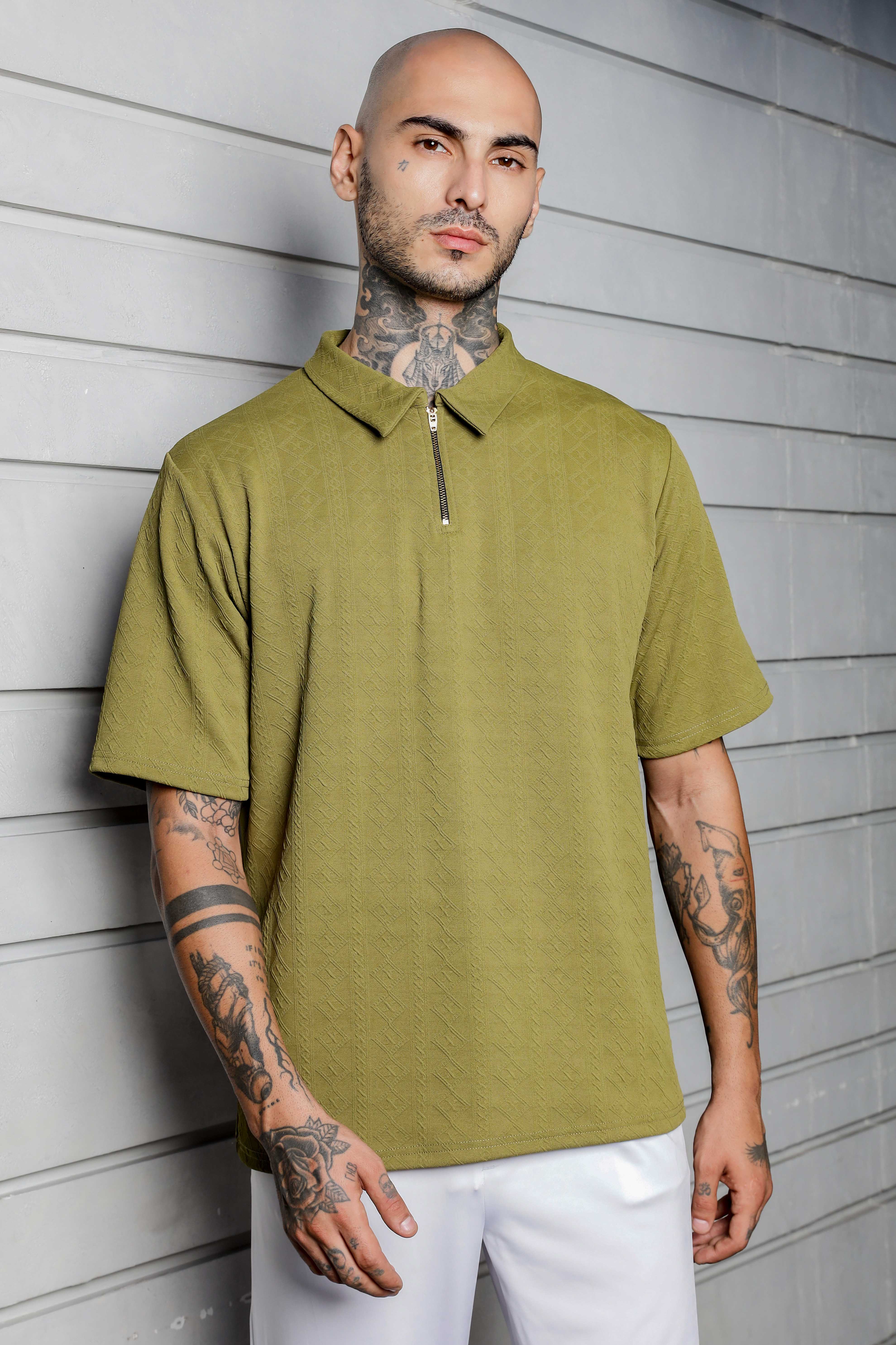 Unisex Olive Textured Polo Neck Oversized T-shirt