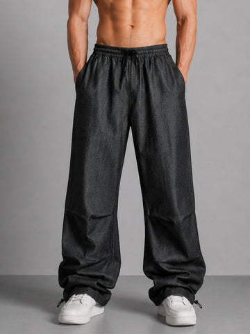 Black Relaxed Fit Drawstring Premium Denim Parachute Cargo