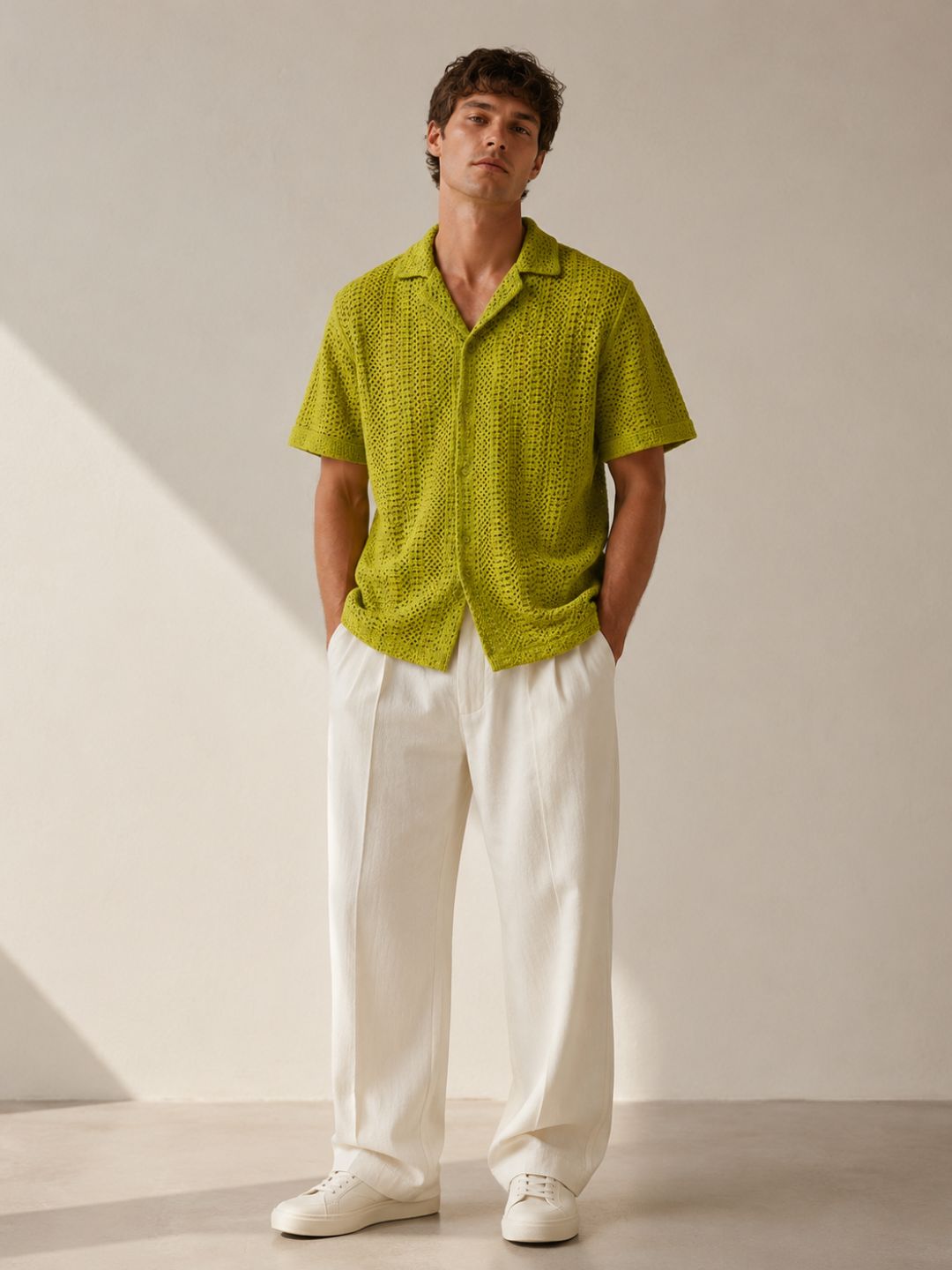 Lime Green Relaxed Fit Pure Cotton Crochet Resort Shirt