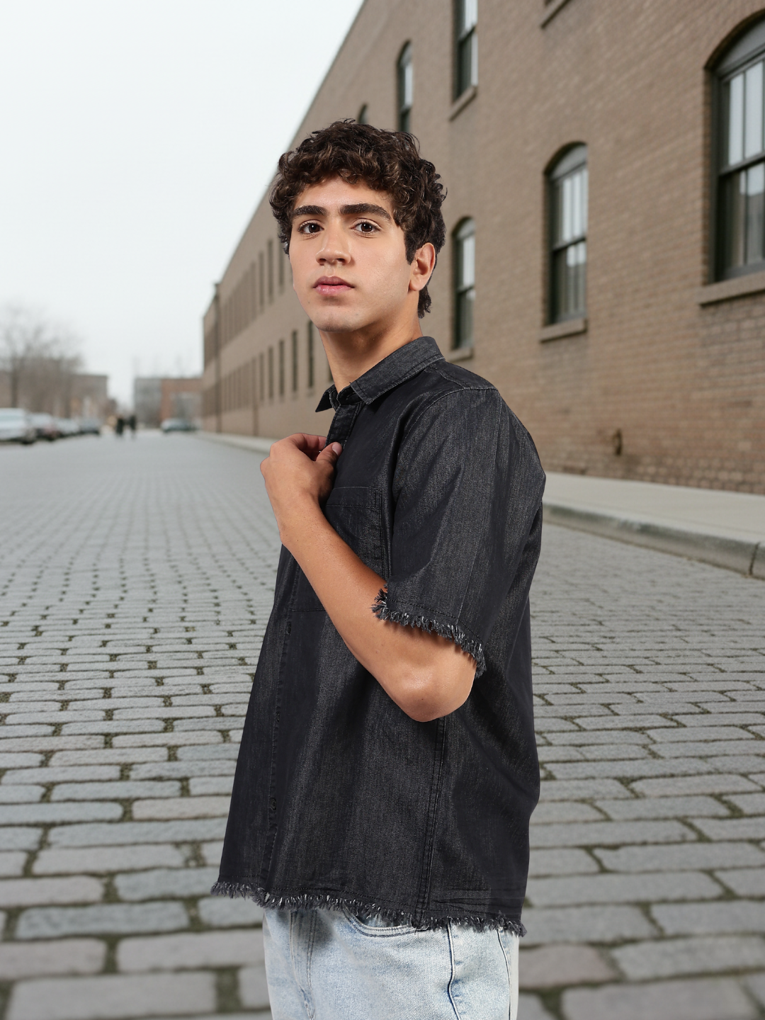 Black Raw Edge Oversized Box-Fit Spread Collar Premium Denim Shirt