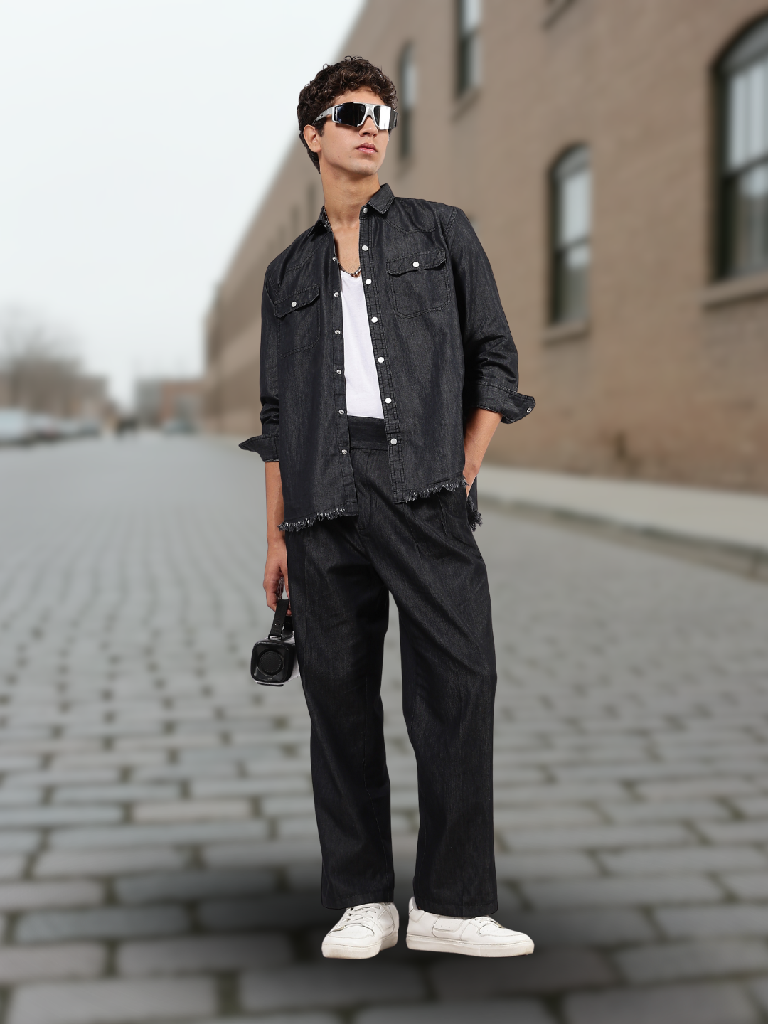 Co-ord Set Black Premium Denim Gurkha Pant & Full Shirt Relaxed Fit