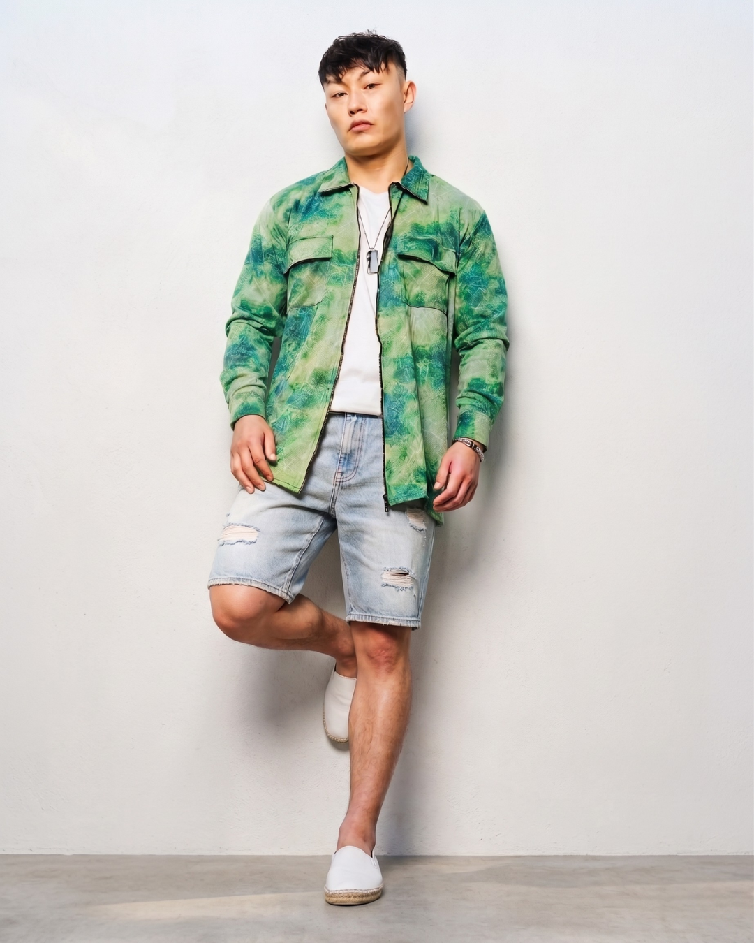Grey & Green Abstract Printed Drop-Shoulder Relaxed Fit Shirt Zipper Shirt