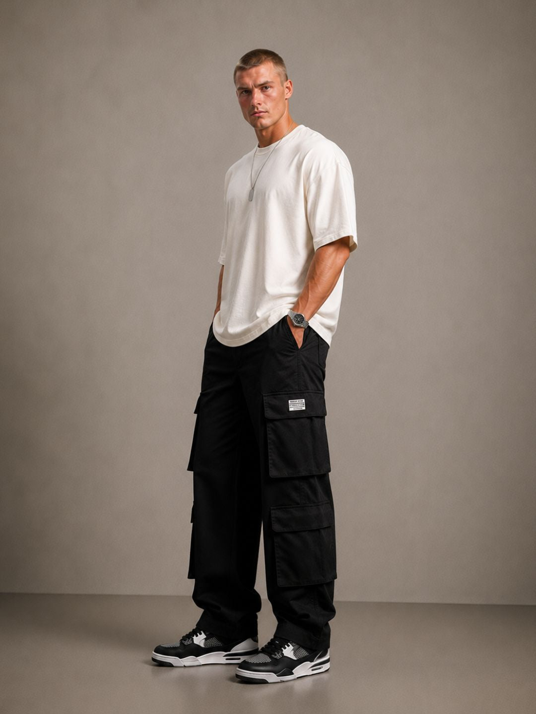 Black Baggy Fit Streetwear Style 8 Pocket Pure Cotton Cargo Trousers