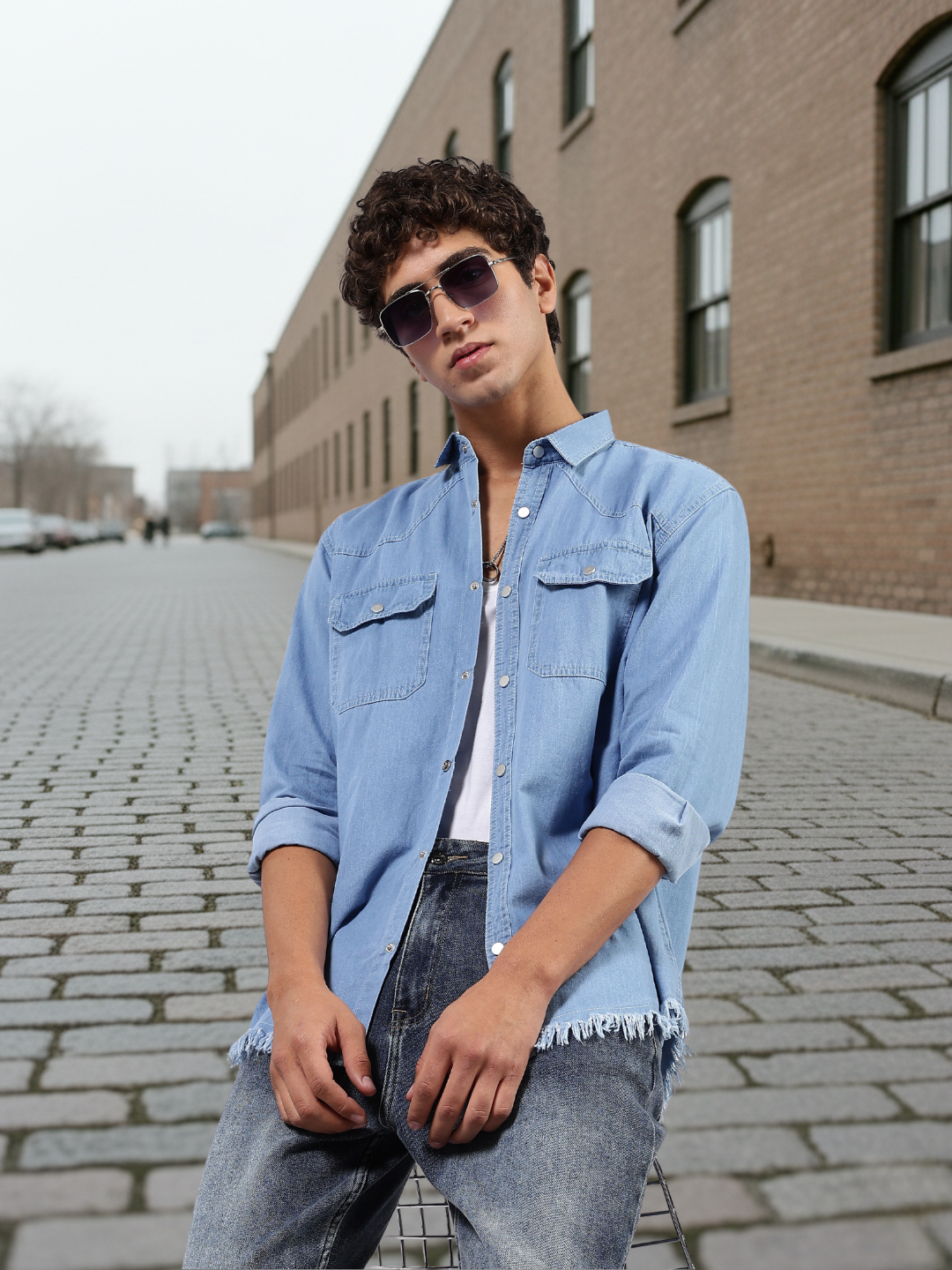 Blue Raw Edge Oversized Relaxed Fit Spread Collar Premium Denim Shirt