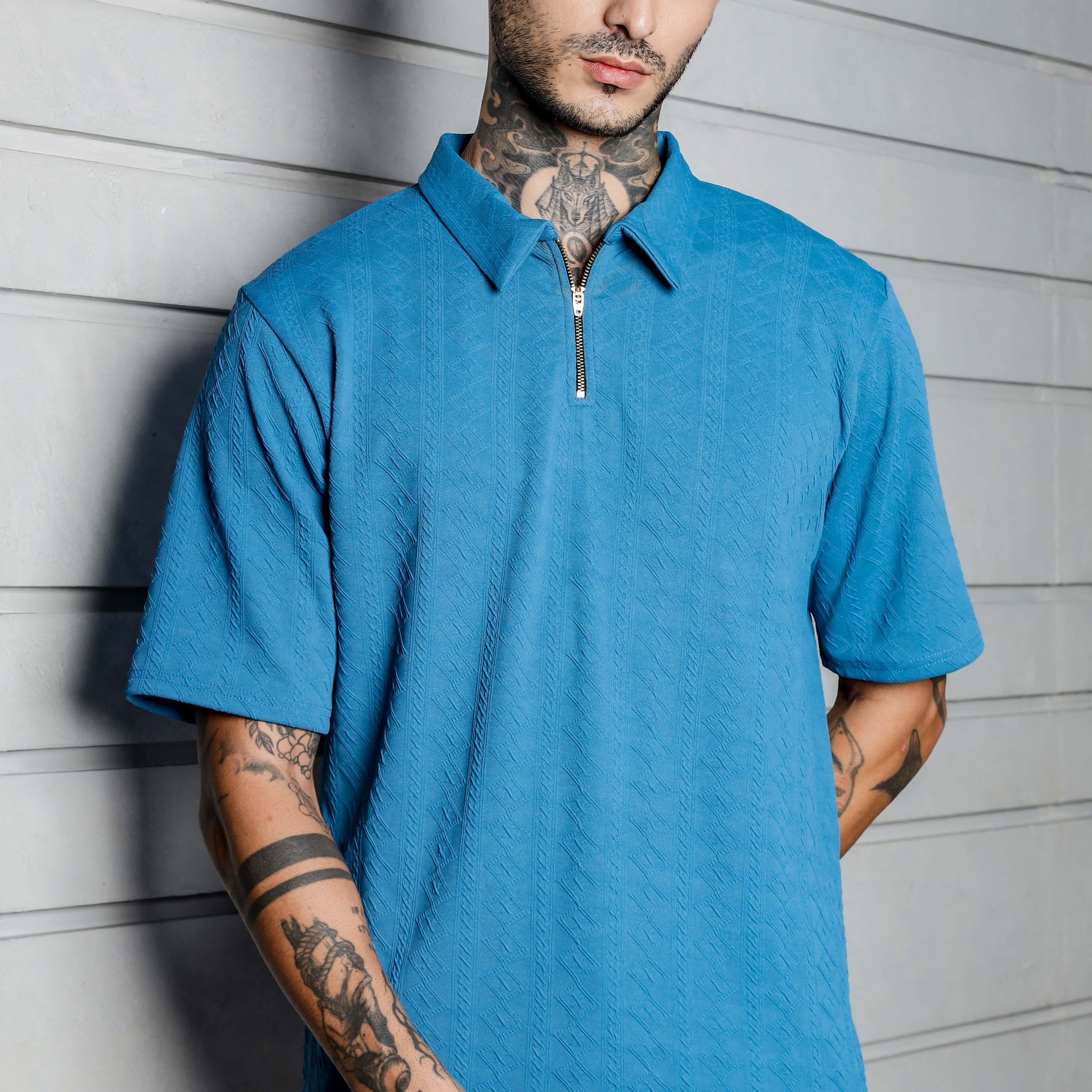 Blue Textured Polo Neck Oversized Streetwear T-shirt