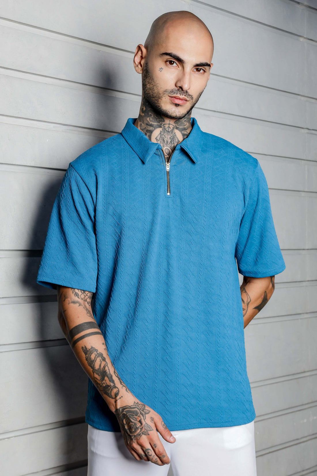 Unisex Blue Textured Polo Neck Oversized T-shirt