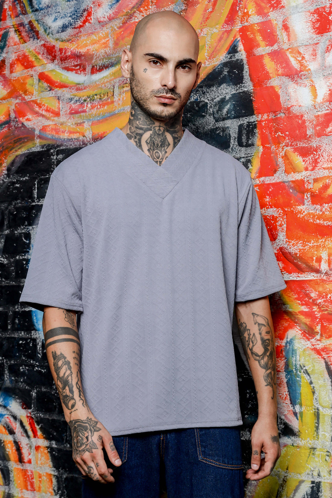 Unisex Grey Textured V-Neck Oversized T-shirt