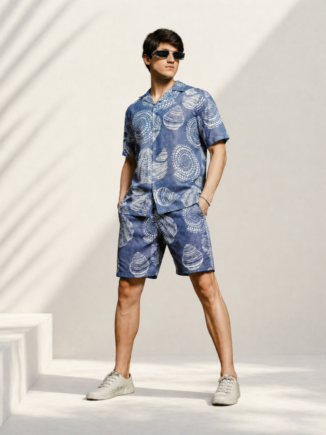 Grey Tropical Print Linen Blend Cuban Collar Resort Shirt & Shorts Co-ord Set