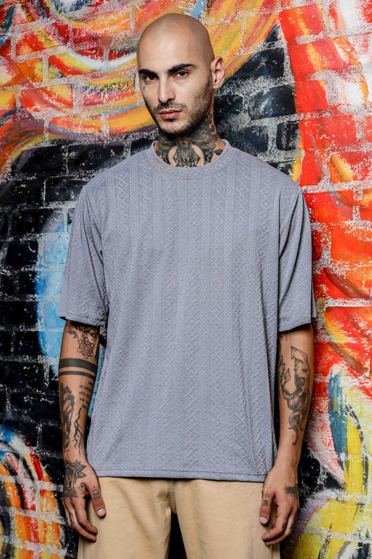 Unisex Grey Textured Round Neck Oversized T shirt