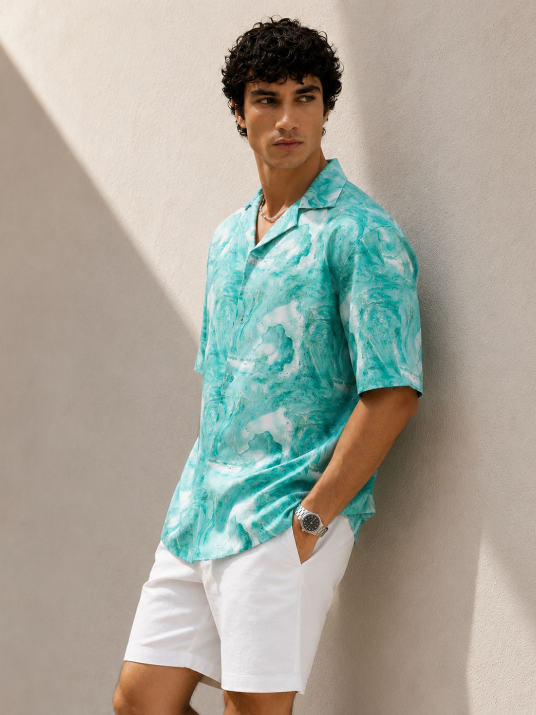 Green Aqua Print Relaxed Fit Cuban Collar Casual Shirt