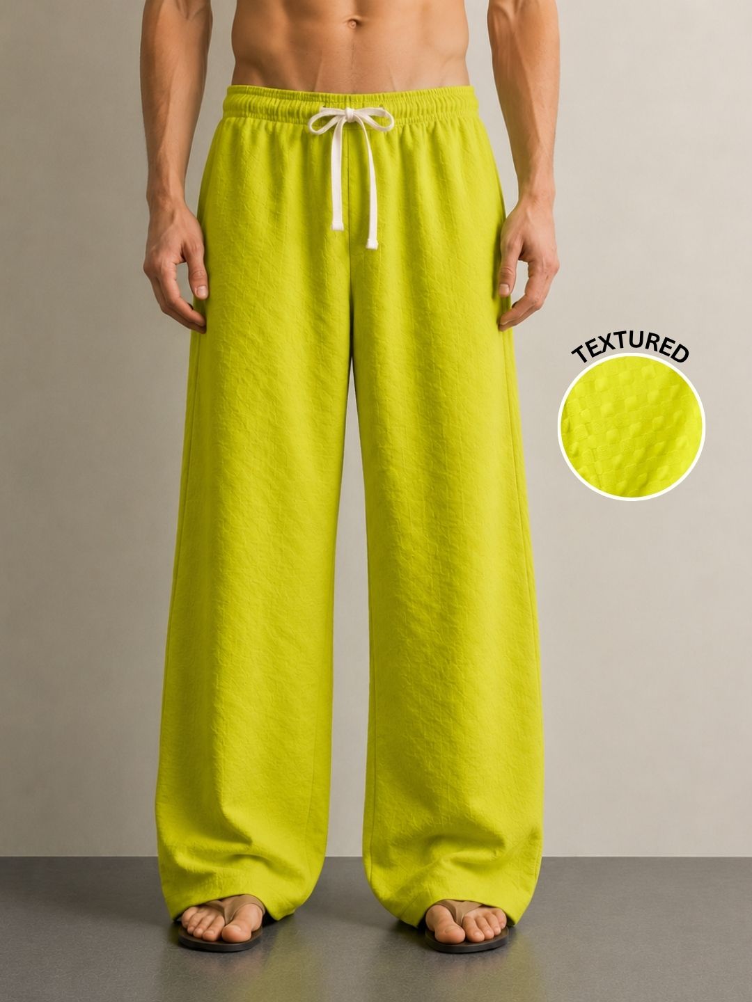 Neon Green Textured Relaxed-Fit Mid-Rise Korean Pant