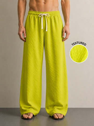 Neon Green Textured Relaxed-Fit Mid-Rise Korean Pant