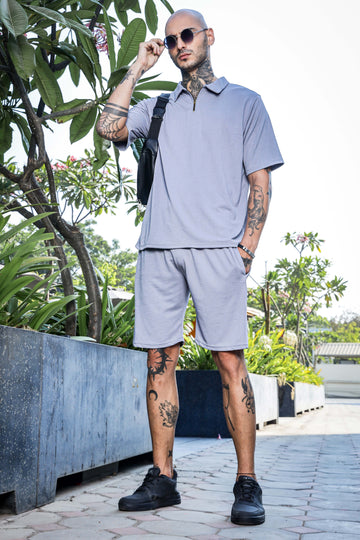 Unisex Grey Textured Oversized Polo Neck Tee & Shorts Co-ord Set