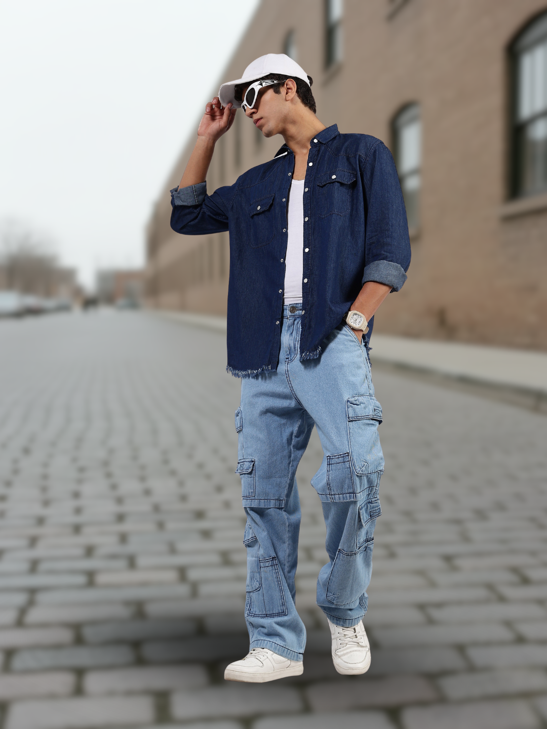 Navy Blue Raw Edge Oversized Relaxed Fit Spread Collar Premium Denim Shirt