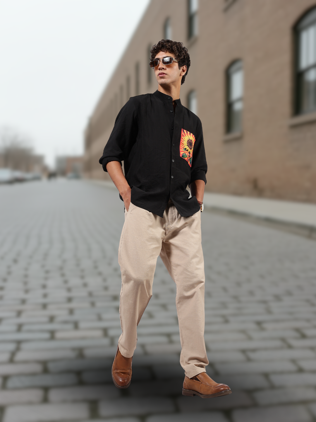 Black Mandarin Collar Pure Viscose Relaxed Fit Shirt 2.0