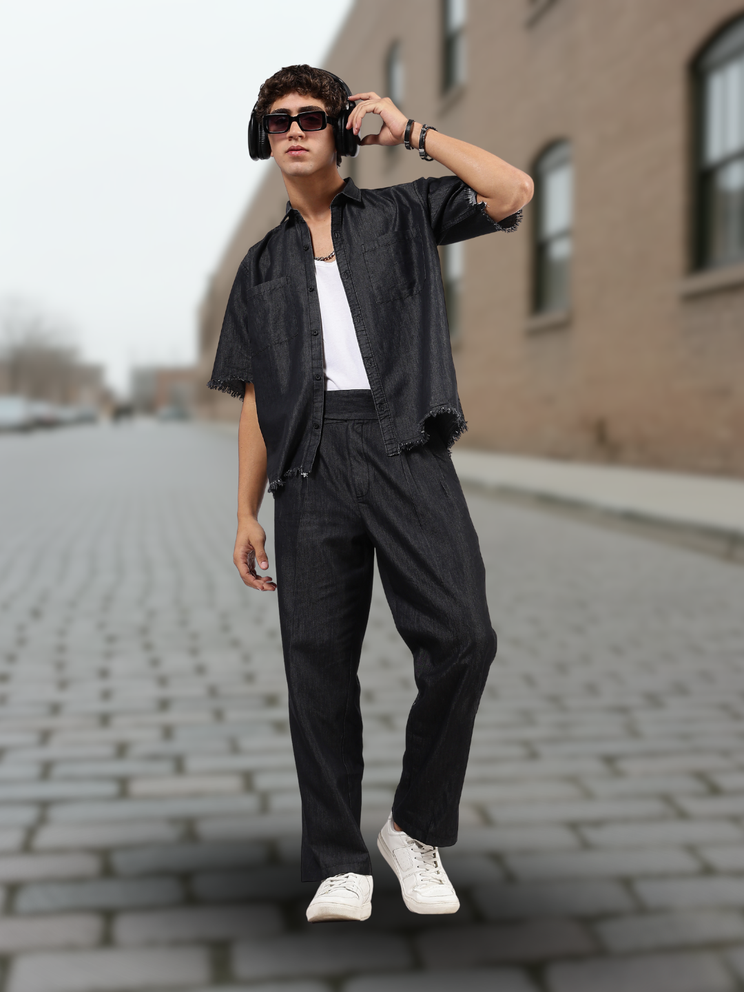 Co-Ord Set Black Premium Denim Gurkha Pant & Half Sleeve Shirt Relaxed Fit