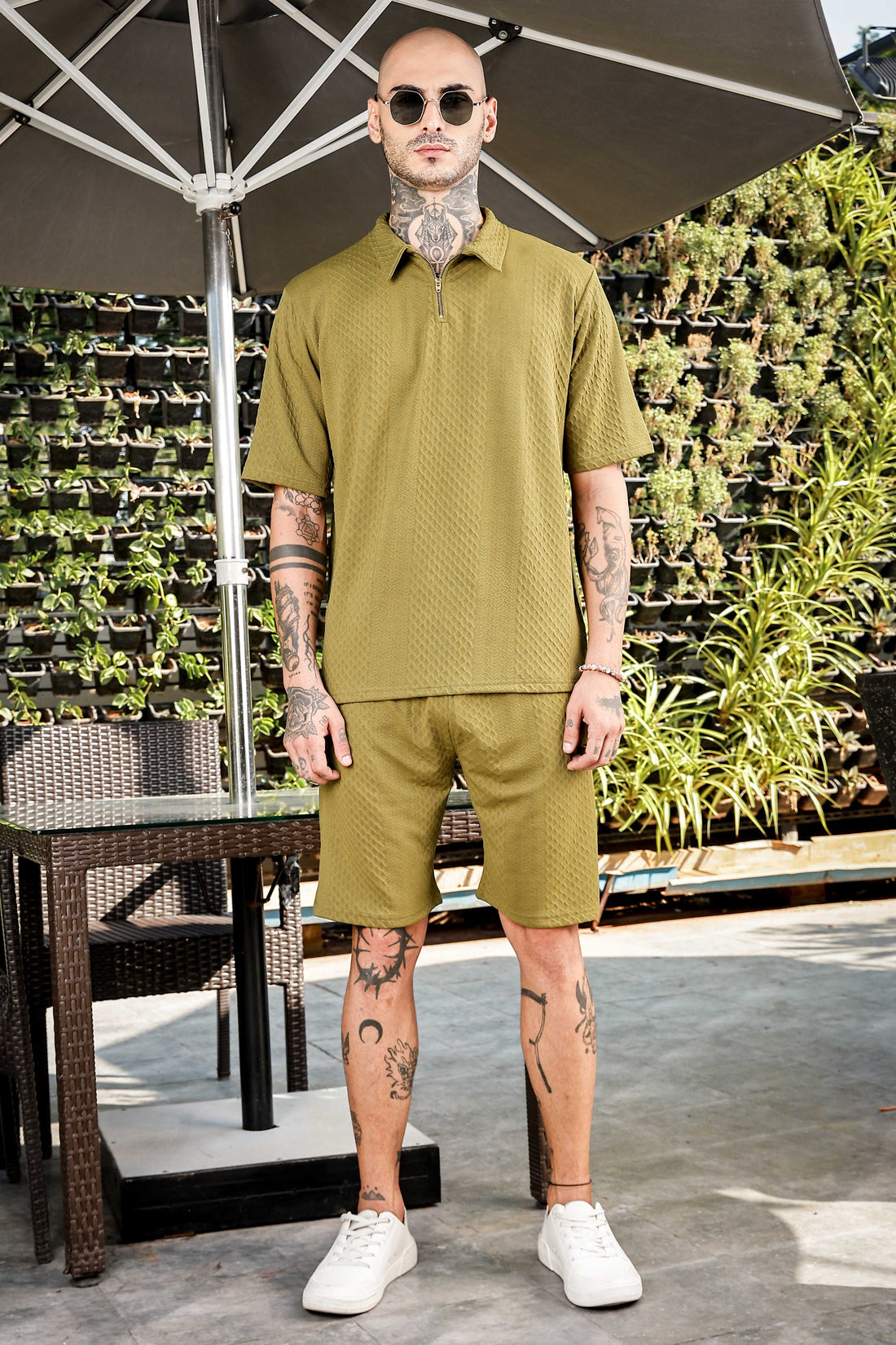 Unisex Olive Textured Oversized Polo Neck Tee & Shorts Co-ord Set
