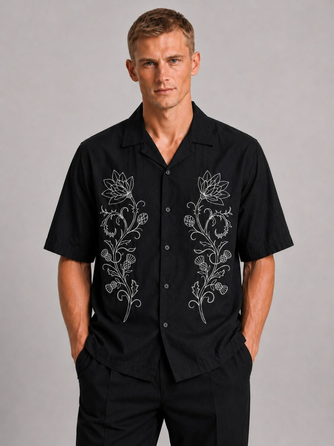 Black Embroidered Relax Fit Oversized Half Sleeve Casual Resort Shirt