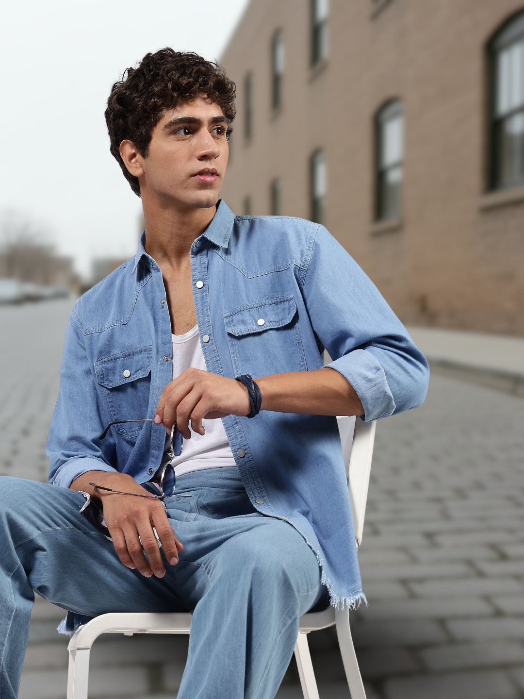 Co-Ord Set Blue Premium Denim Gurkha Pant & Full Shirt Relaxed Fit