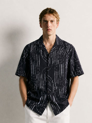Black Abstract Printed Cuban Collar Relaxed Fit Resort Shirt