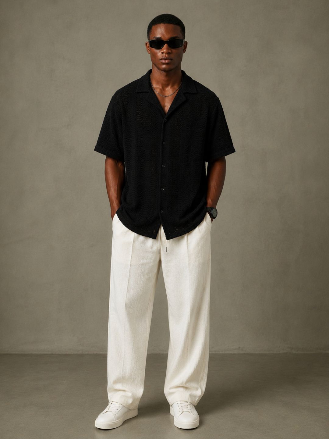 Black Unisex Relaxed Fit Cotton Crochet Resort Shirt