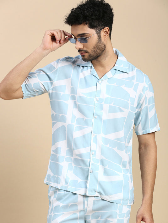 Unisex Cubano Blue Printed Relaxed Fit Resort Shirt