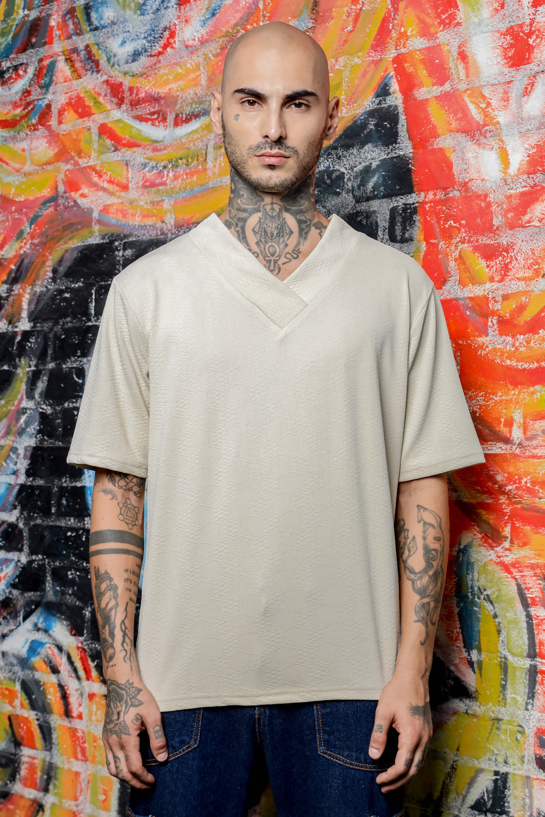 Unisex White Textured V-Neck Oversized T-shirt