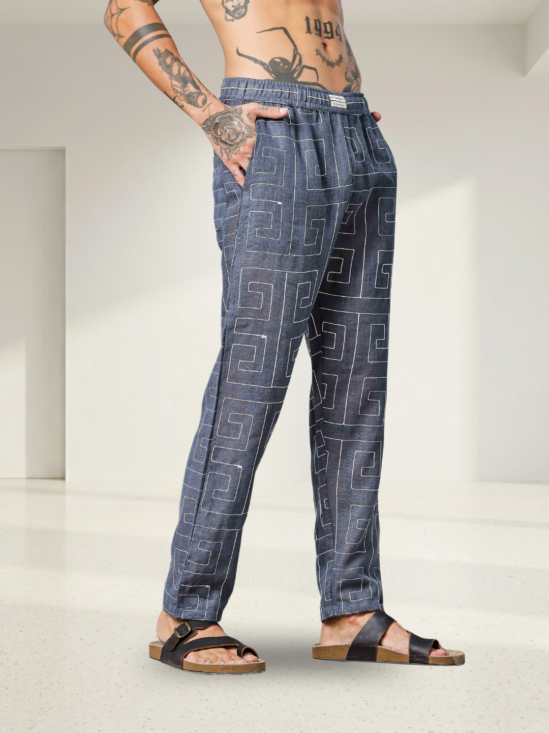 Blue Linen Blend Embroidered Relaxed Fit All Day Pants